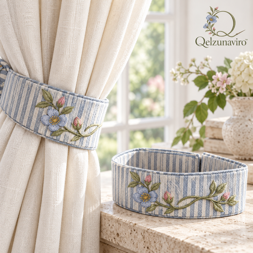 Blue Stripe Floral Curtain Tiebacks — view 1