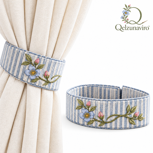 Blue Stripe Floral Curtain Tiebacks — view 2