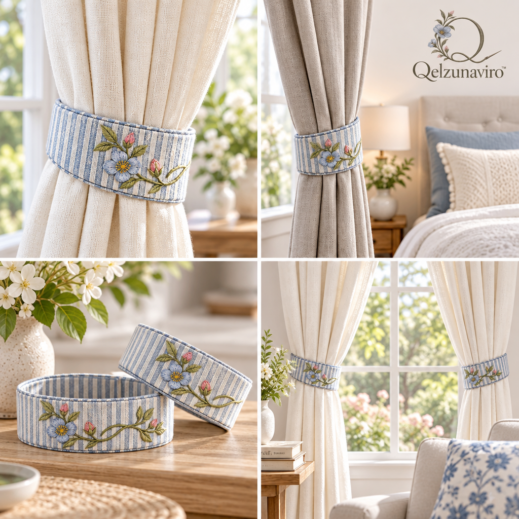 Blue Stripe Floral Curtain Tiebacks — view 3