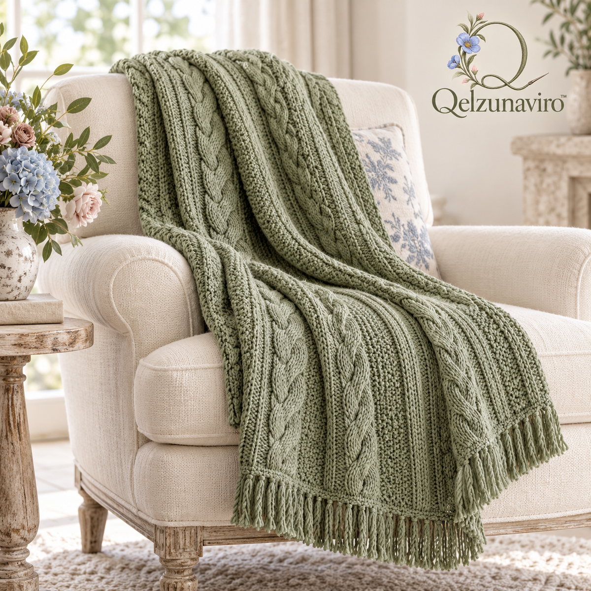 Sage Cable-Knit Fringe Throw — view 1