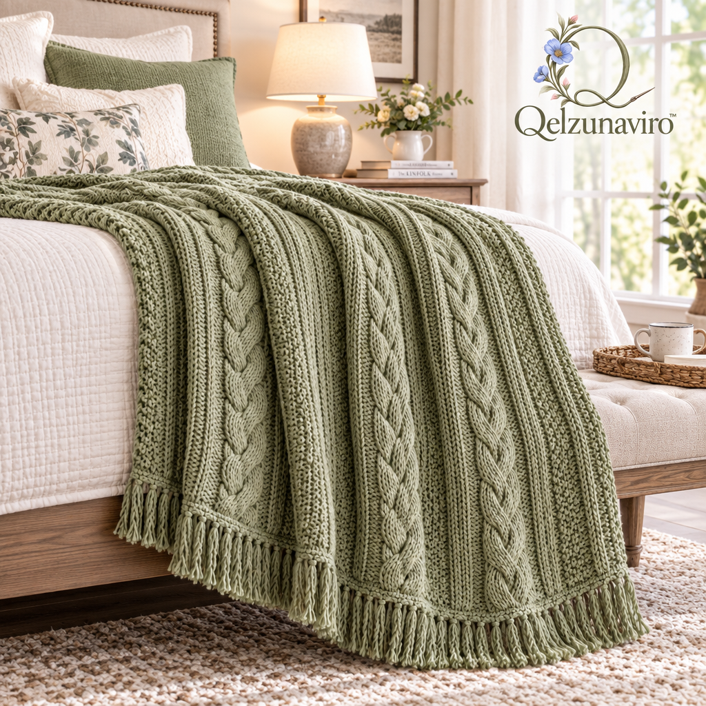 Sage Cable-Knit Fringe Throw — view 2