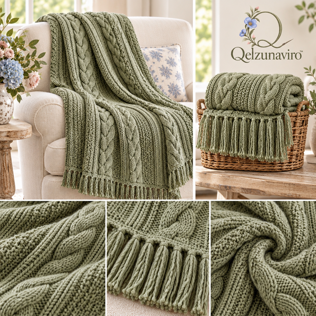 Sage Cable-Knit Fringe Throw — view 3