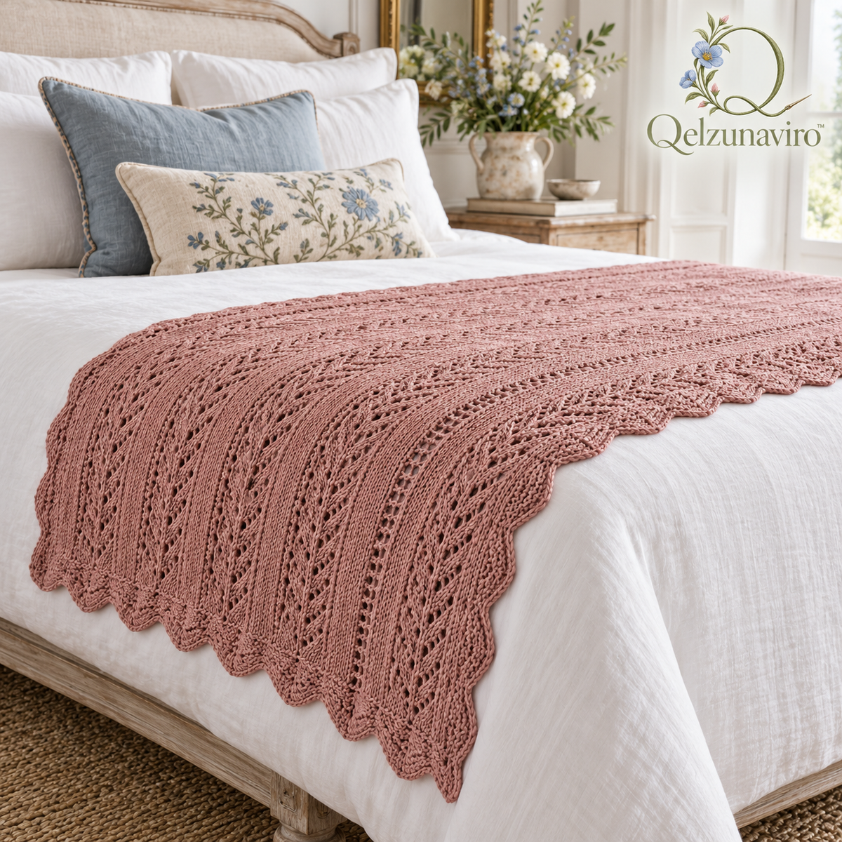 Rose Openwork Knit Bed Runner — view 1