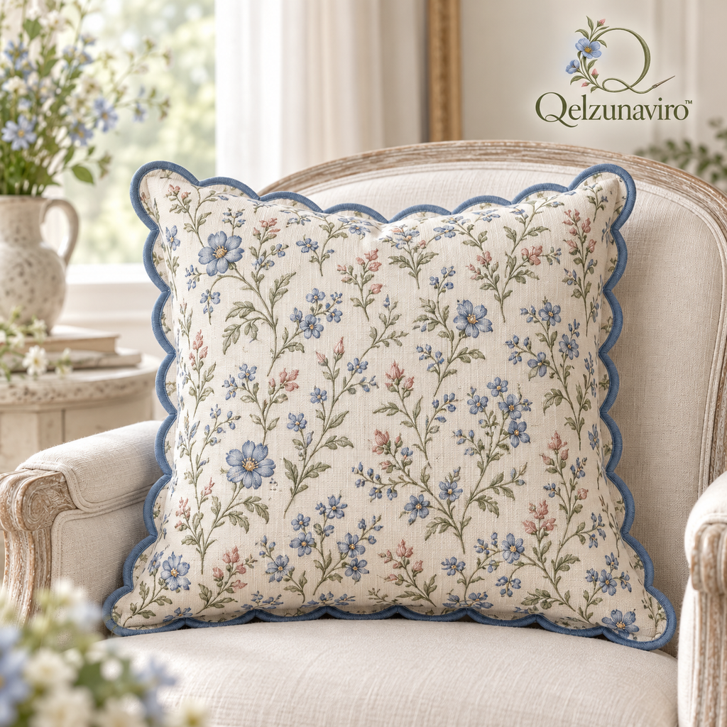 Blue Floral Scalloped Cushion Cover — view 1