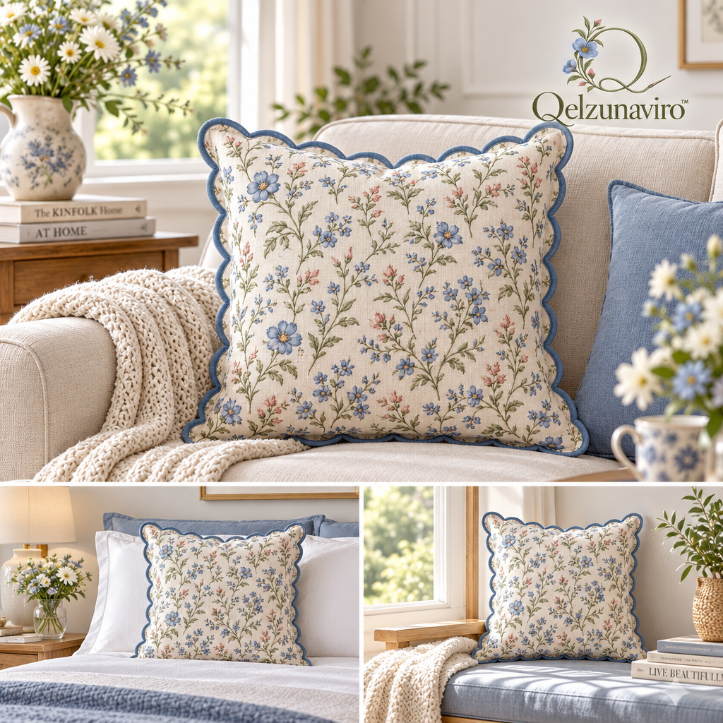 Blue Floral Scalloped Cushion Cover — view 2