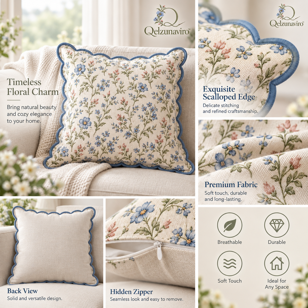 Blue Floral Scalloped Cushion Cover — view 3
