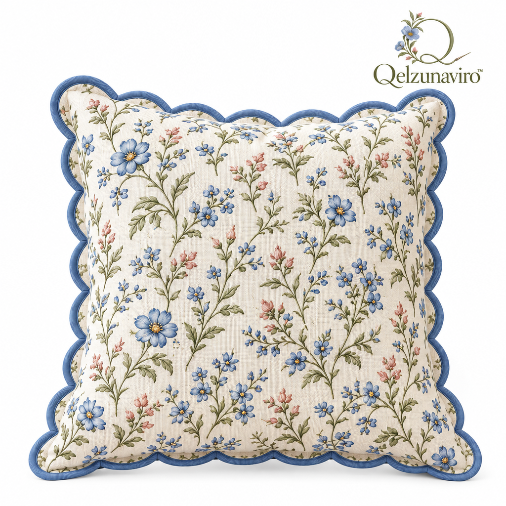 Blue Floral Scalloped Cushion Cover — view 4