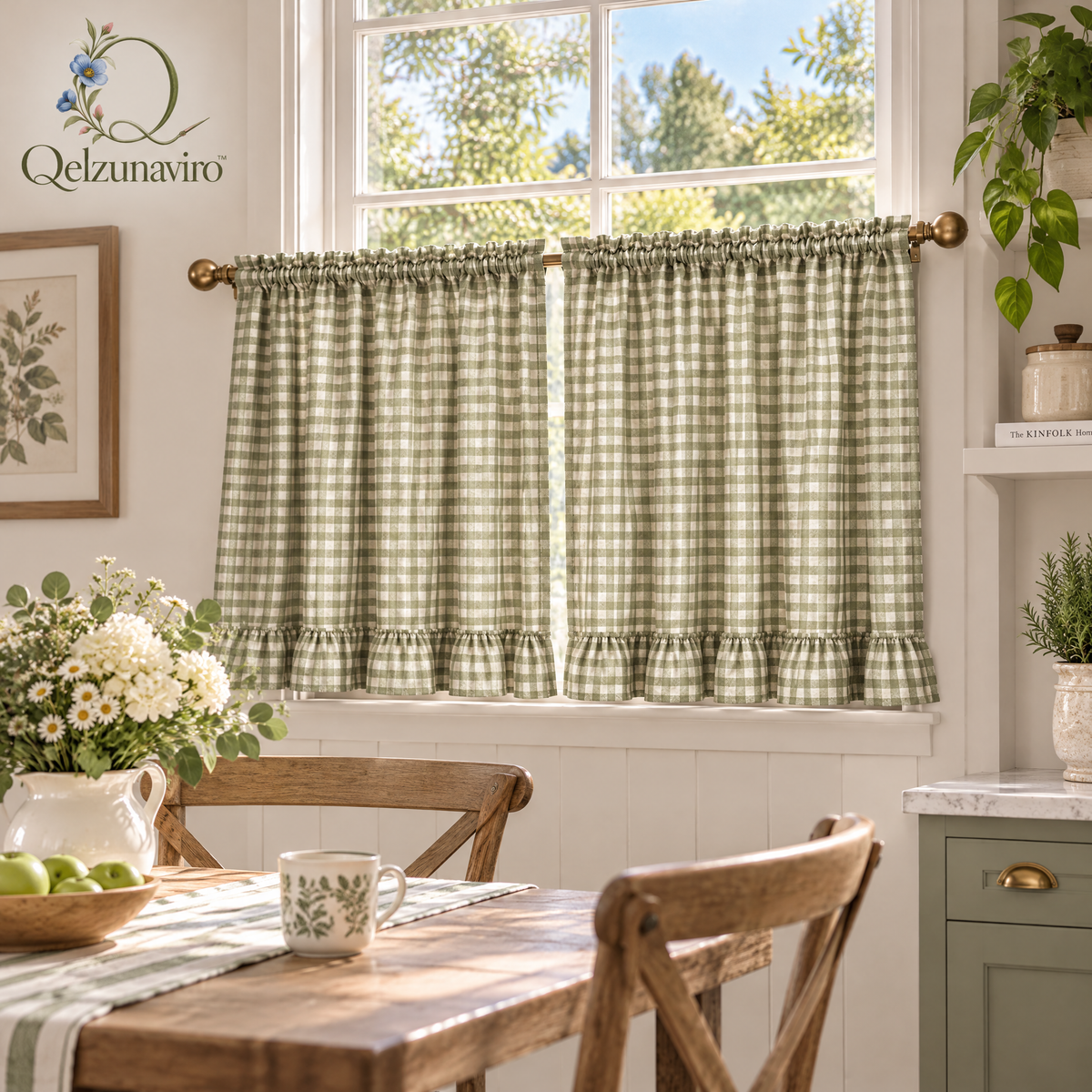 Sage Gingham Ruffle Café Curtains — view 2