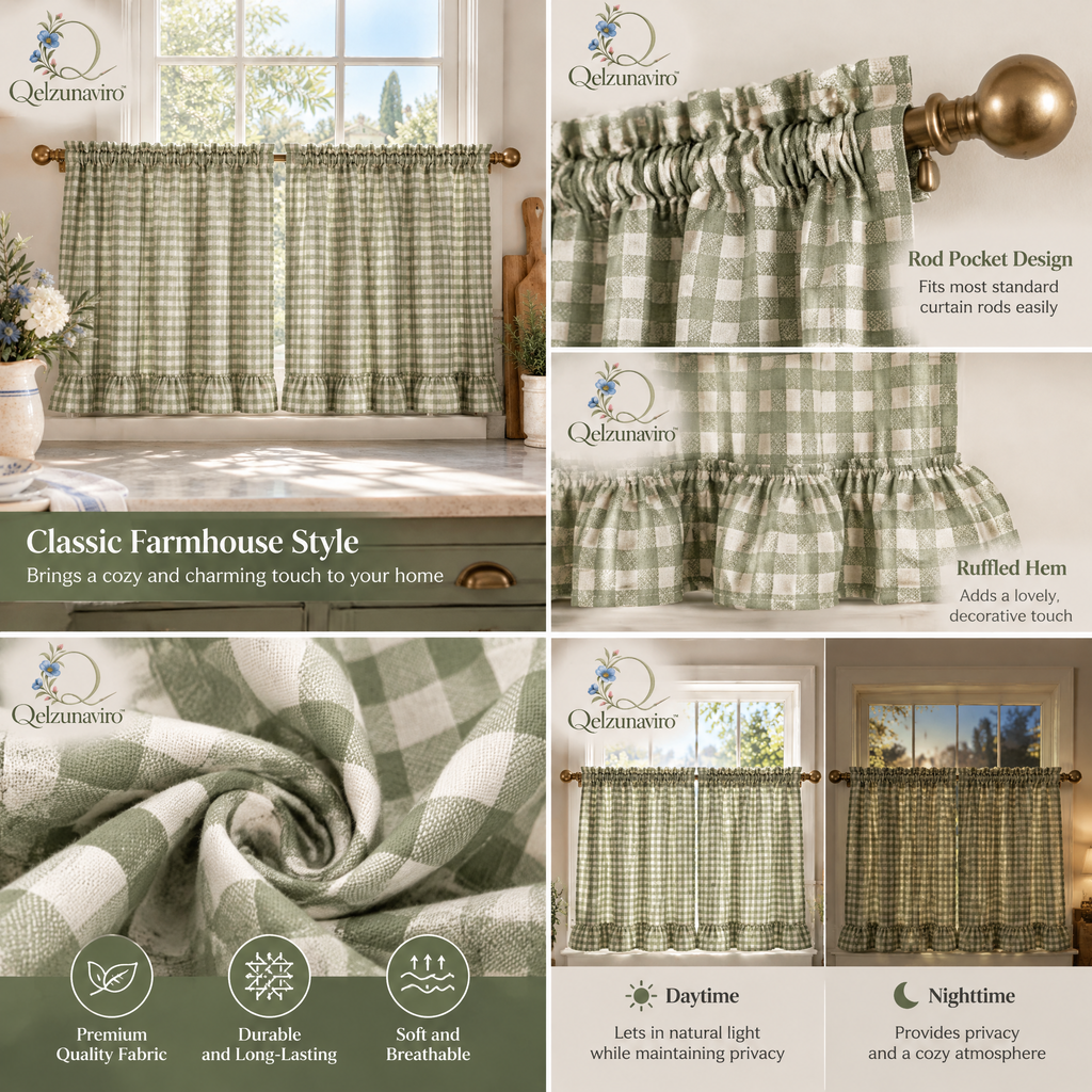 Sage Gingham Ruffle Café Curtains — view 3