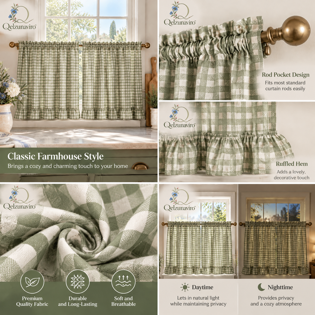 Sage Gingham Ruffle Café Curtains — view 3